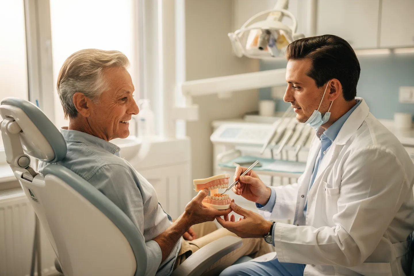 Ein Zahnarzt erklärt einem Patienten einen Eingriff mit einem Zahnmodell in einer modernen Praxis