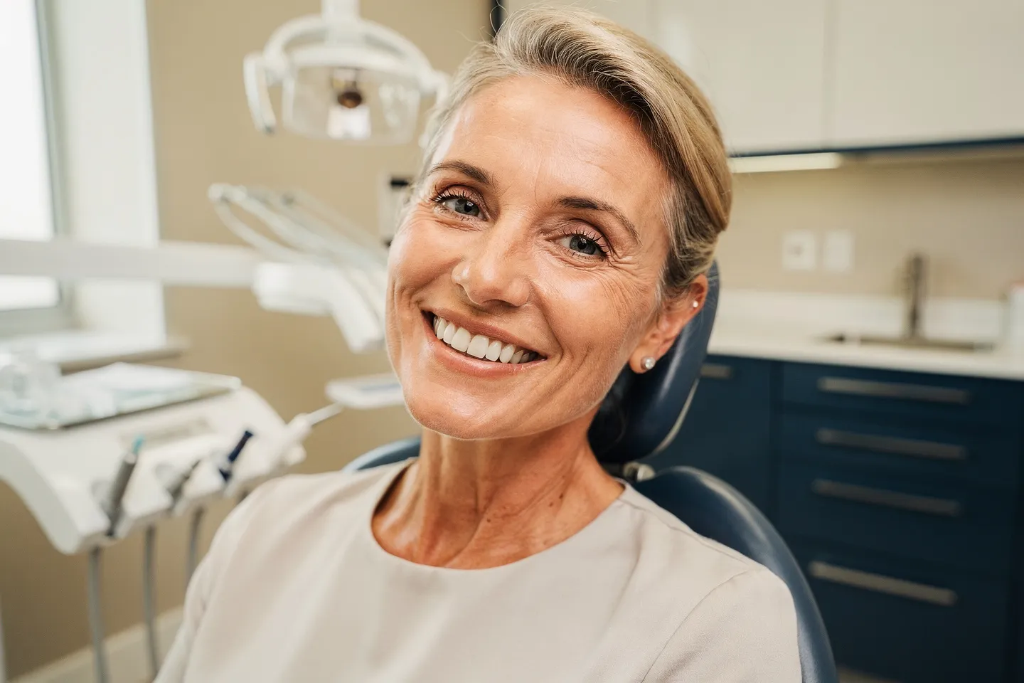 Ein mittelalter Patient mit perfektem Lächeln zeigt die Ergebnisse einer Zahnbehandlung in einer modernen Zahnarztpraxis