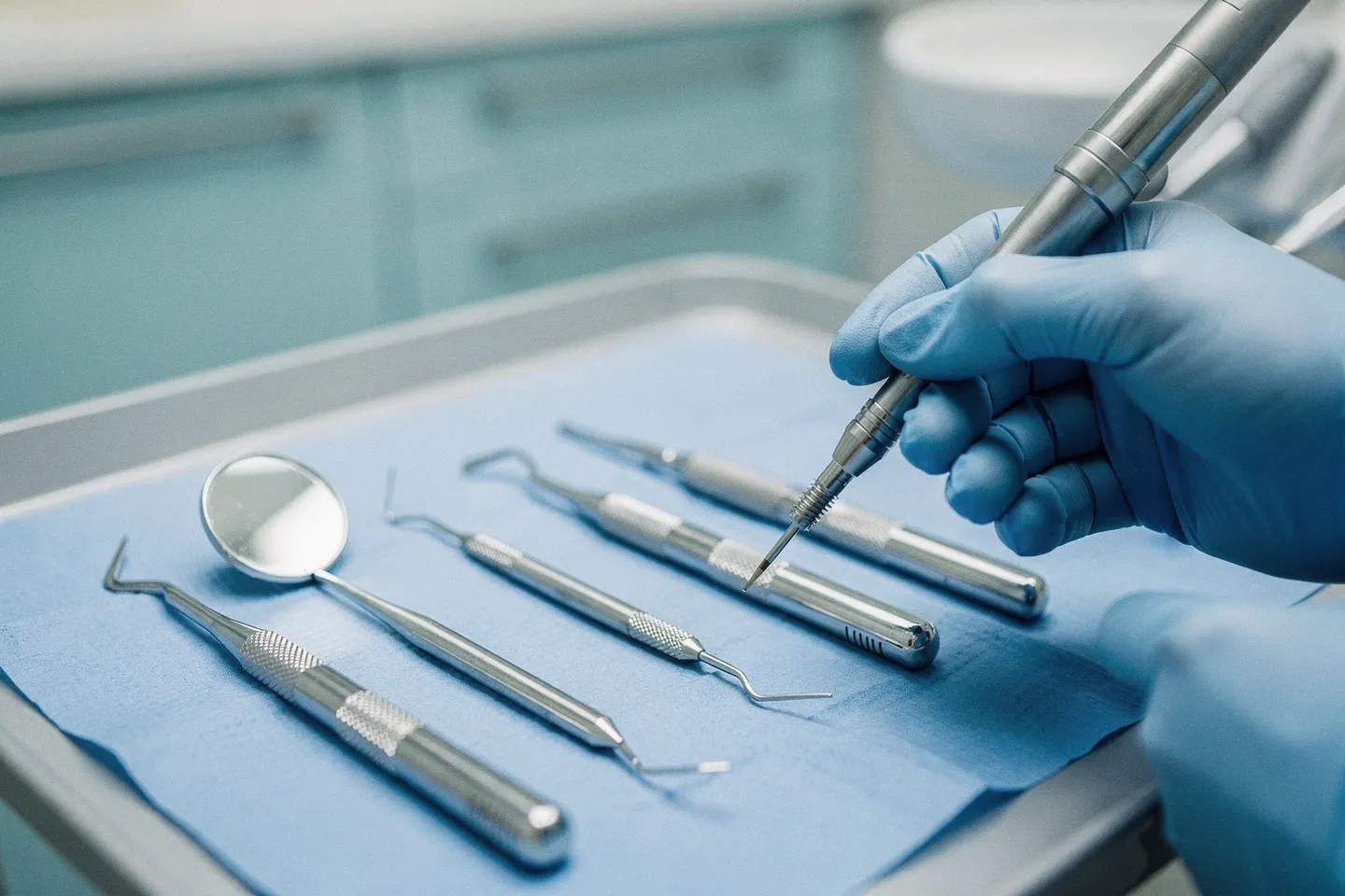 Präzisions-Zahnarztwerkzeuge auf blauem Tablett mit Spiegel und Skalpell, Handschuhe halten Bohrer