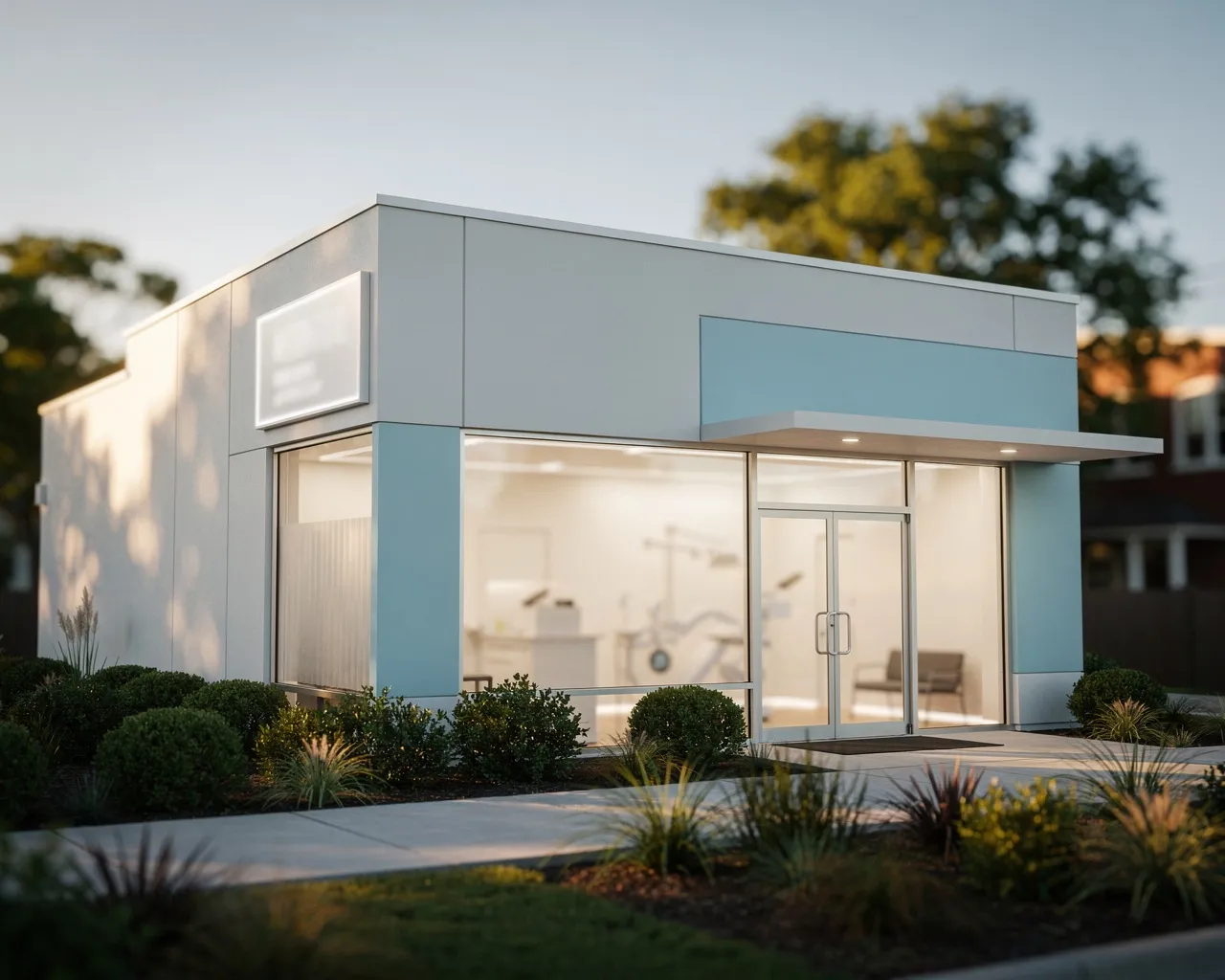 Moderne Zahnklinik mit Glasfassade und gepflegter Landschaftsgestaltung im warmen Licht