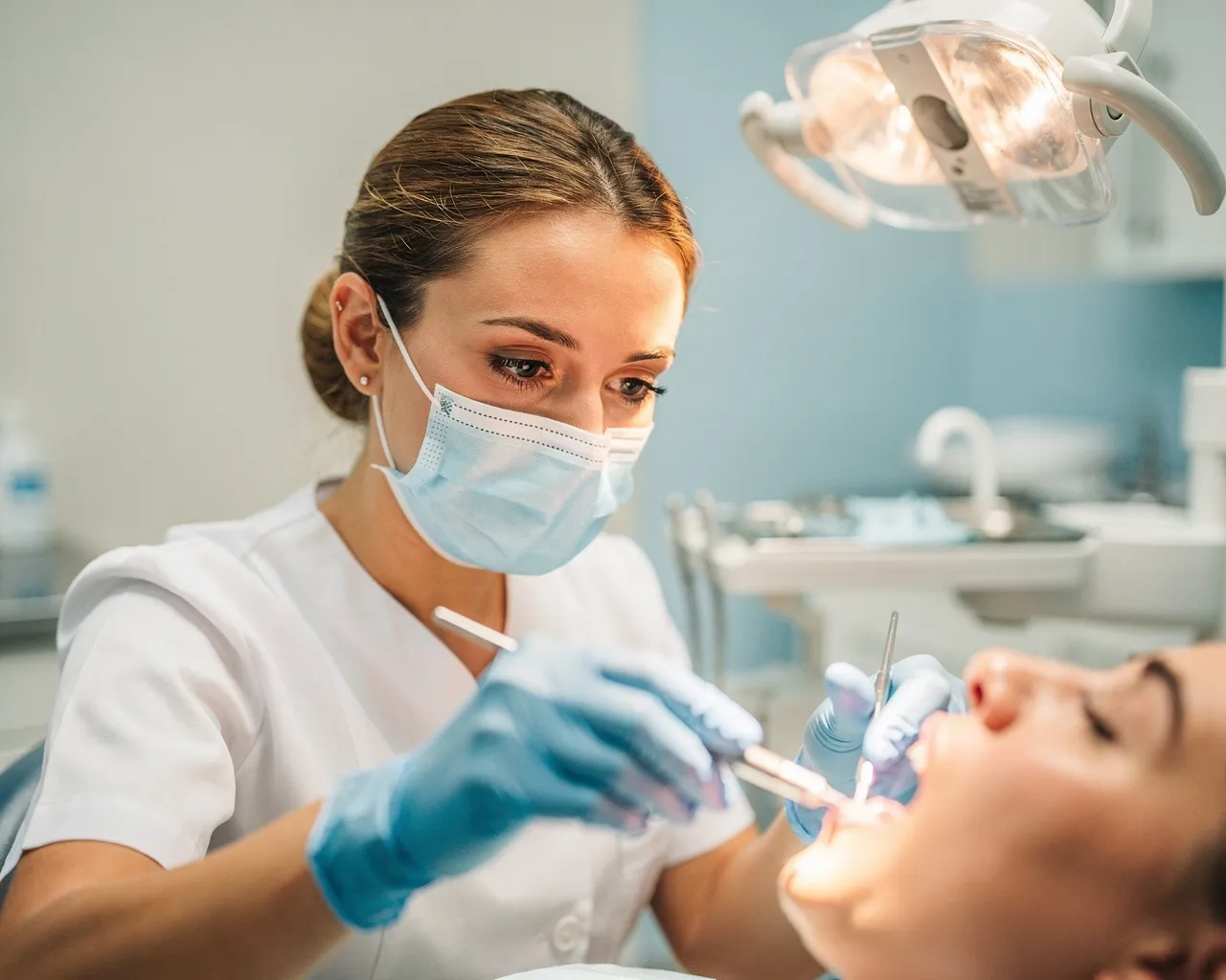 Eine Zahnärztin mit Maske führt eine zahnmedizinische Behandlung durch