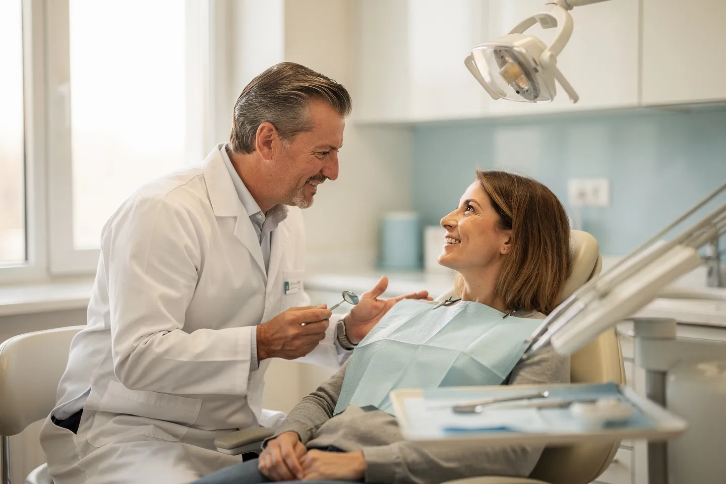 Ein freundlicher Zahnarzt berät eine lächelnde Patientin in einer modernen Praxis