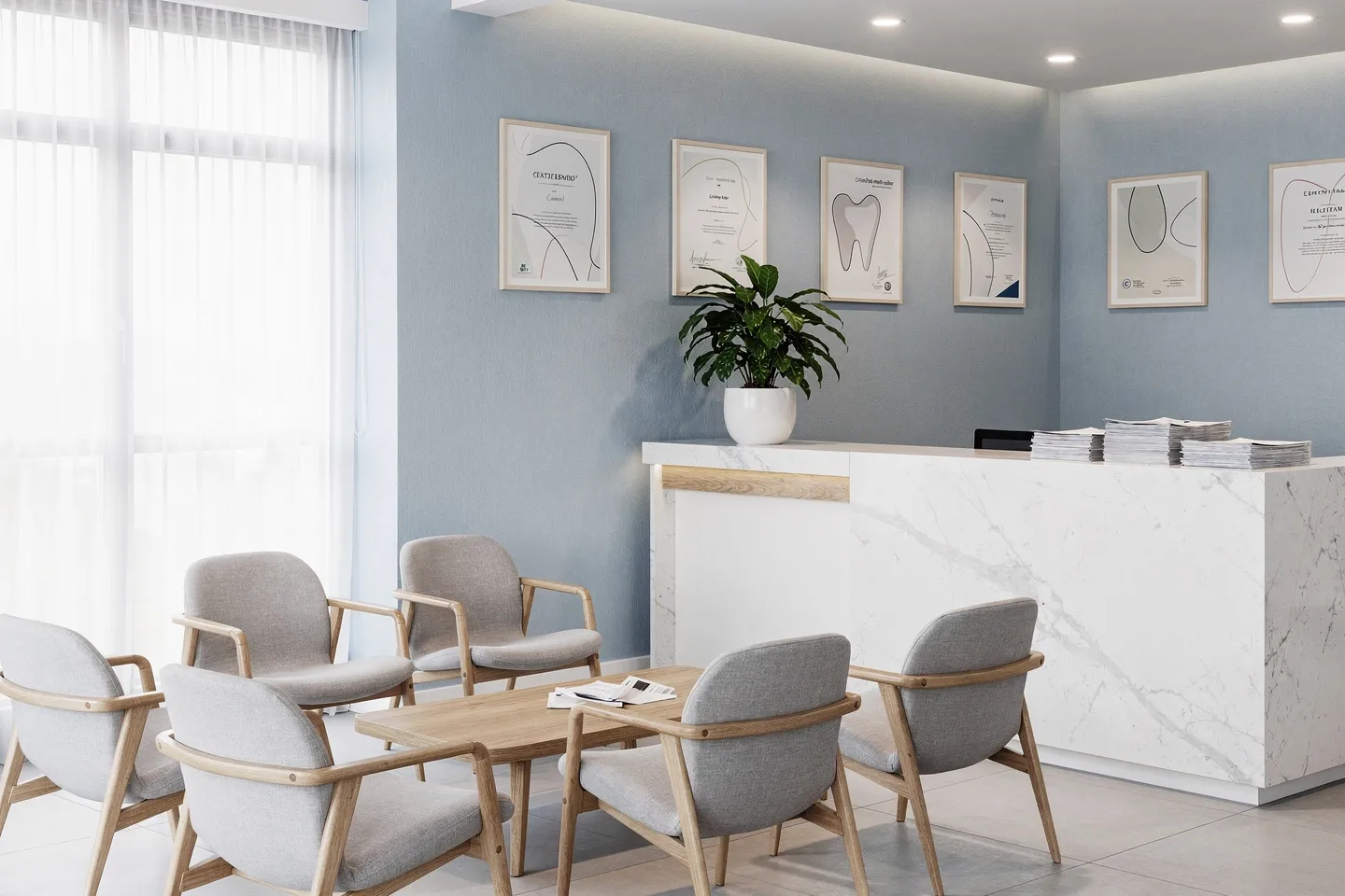Moderne Zahnarztpraxis mit blauen Wänden, weißer Theke und Wartezone mit Holzstühlen