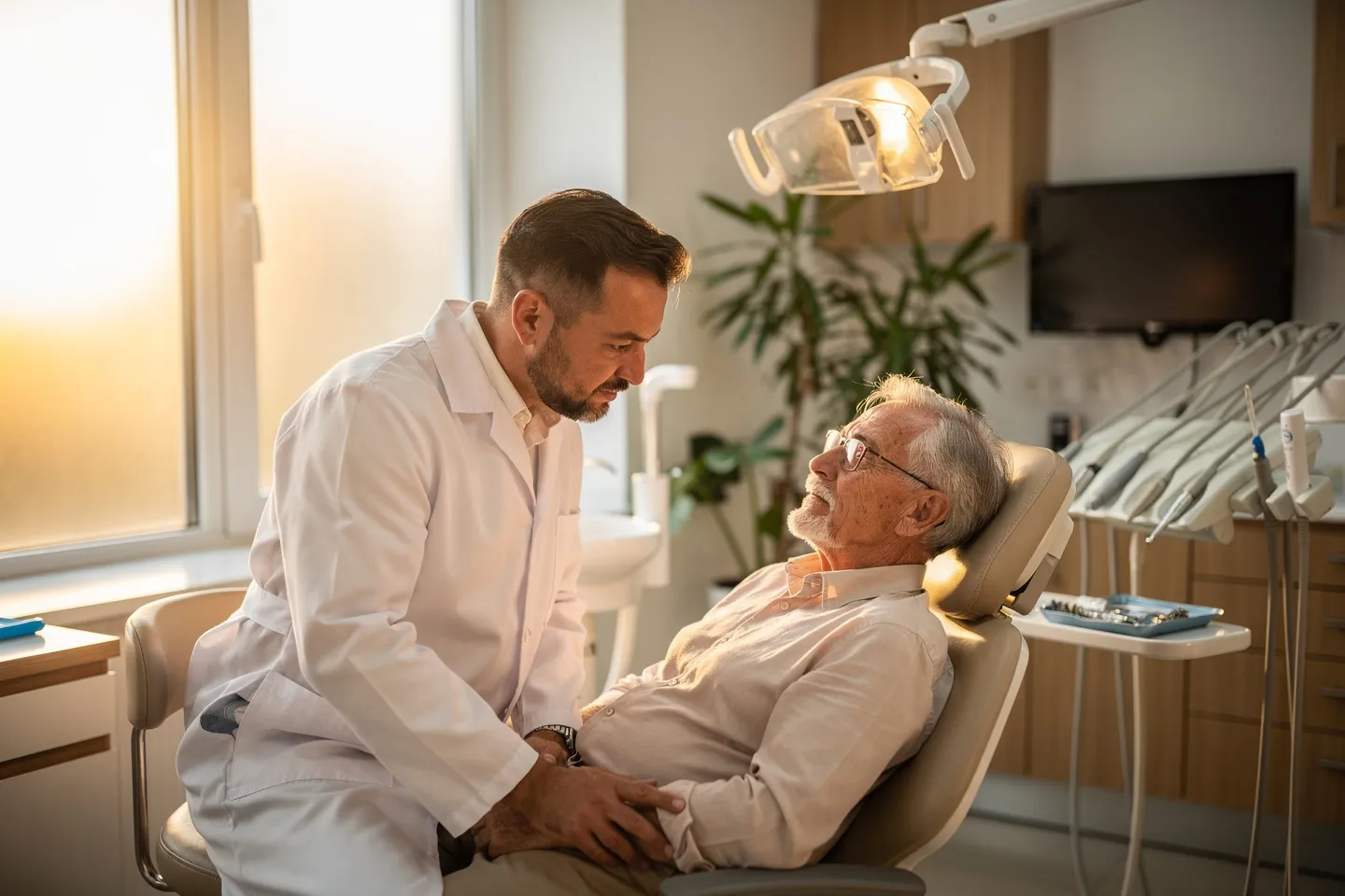 Ein freundlicher Zahnarzt berät einen älteren Patienten im modernen Behandlungszimmer