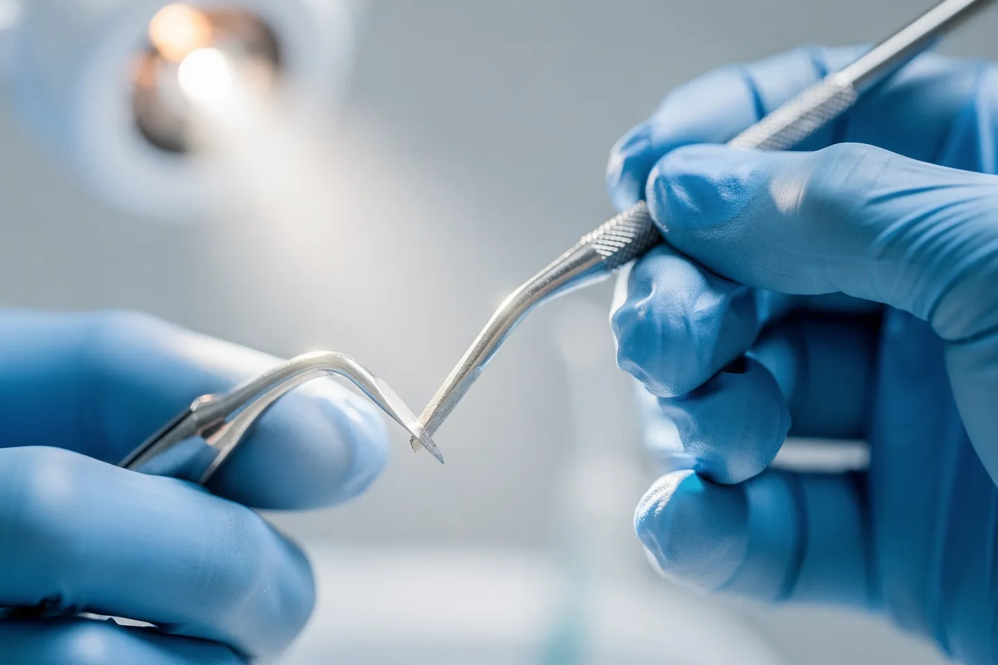 Eine Nahaufnahme von zahnärztlichen Instrumenten in behandschuhten Händen mit fokussiertem Licht