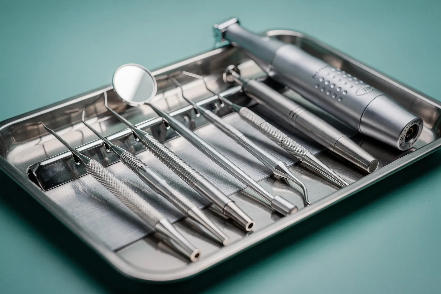 Steriler Zahnarztarbeitsplatz mit präzisen Instrumenten auf Edelstahlschale, moderne Ausrüstung