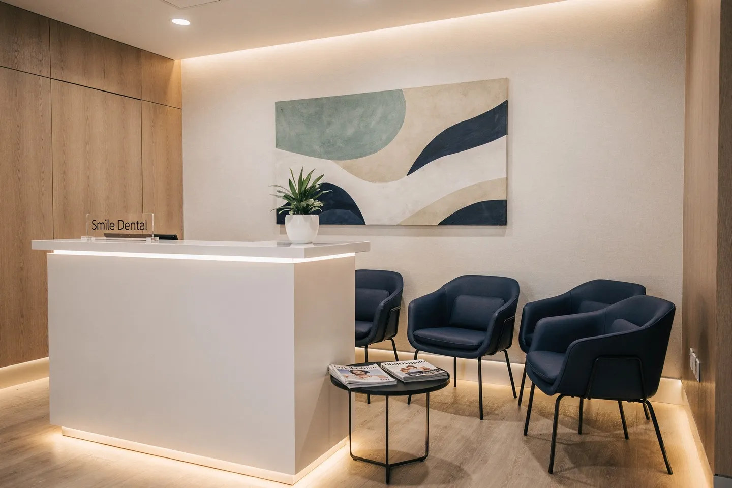 Modernes Zahnarzt-Wartezimmer mit weißem Empfangstresen, blauen Sesseln und abstrakter Kunst an der Wand