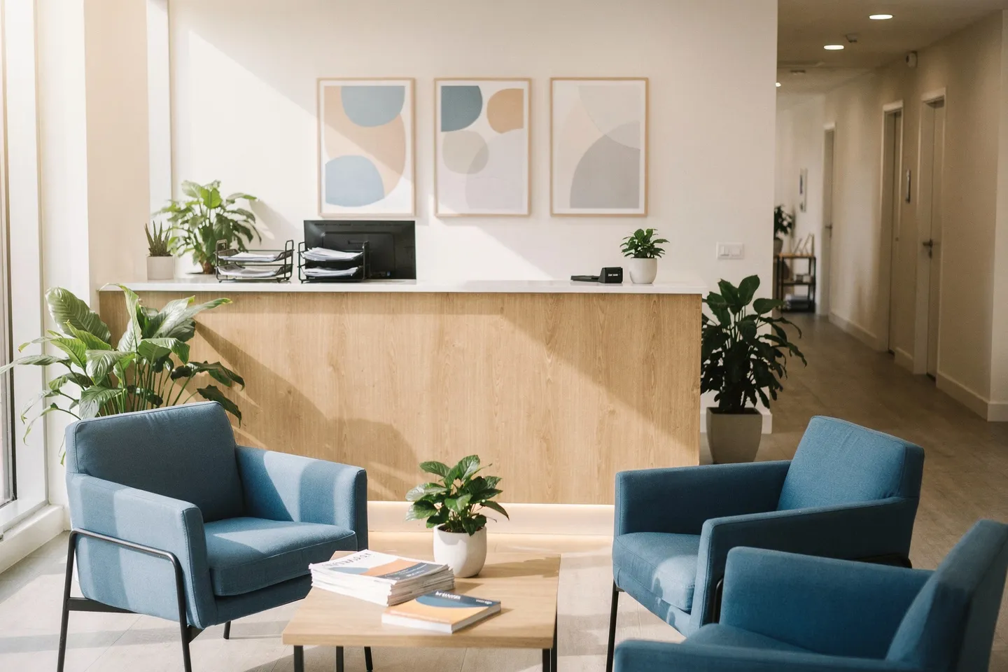 Modernes Zahnarzt-Wartezimmer mit Holz- und Blautönen, minimalistisch mit Pflanzen und Kunst