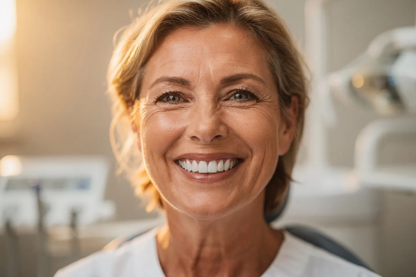 Ein lächelnder Patient mit perfekten weißen Zähnen in einer Zahnarztpraxis