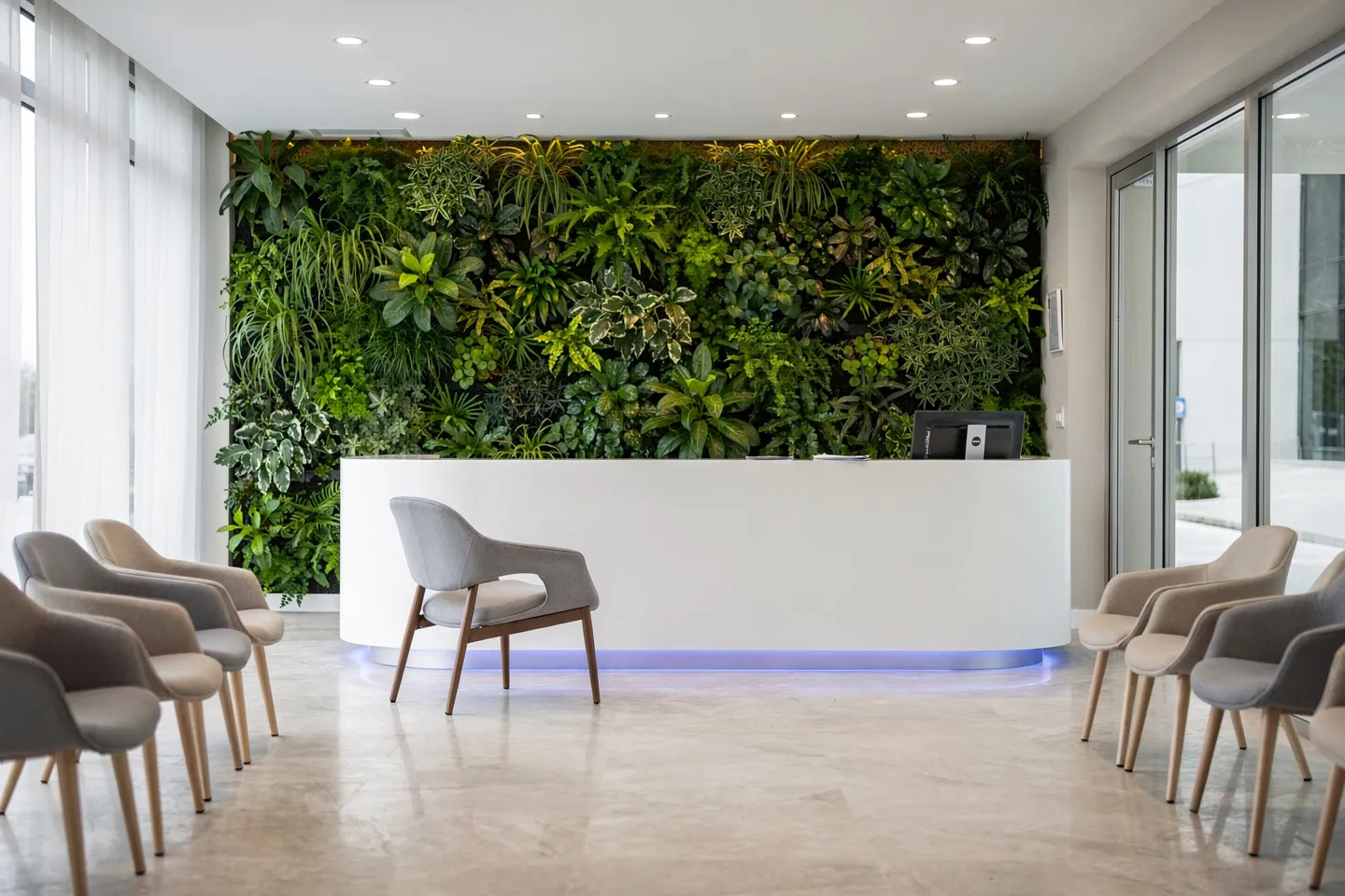 Moderner Zahnarzt-Empfangsbereich mit weißem Tresen, blauer Beleuchtung und grüner Wand