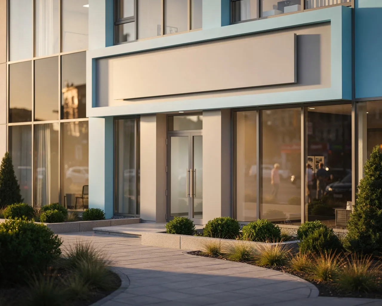 Moderne Zahnklinik mit Glasfassade und gepflegter Landschaftsgestaltung im warmen Abendlicht