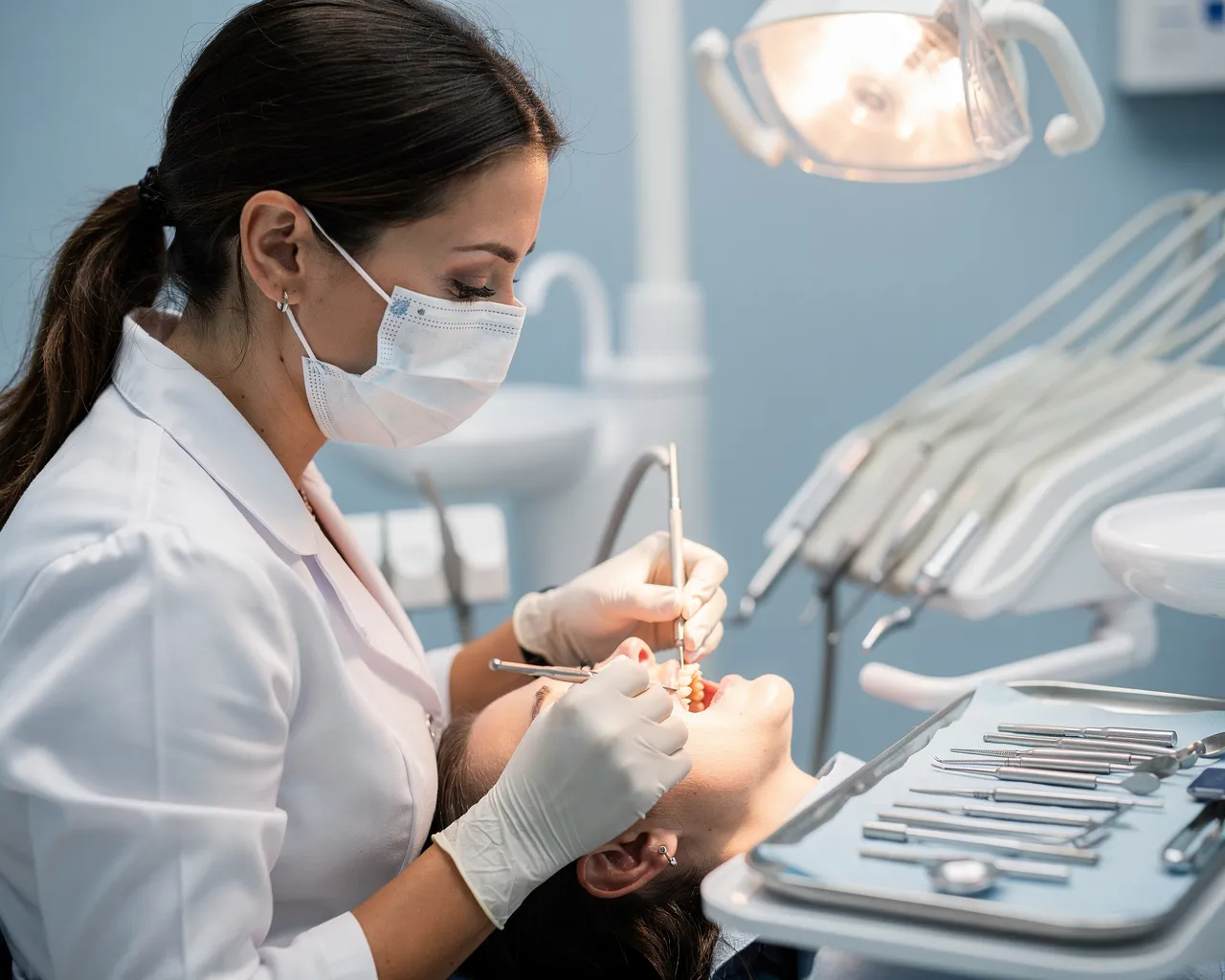 Eine Zahnärztin führt eine präzise Zahnbehandlung an einem Patienten durch