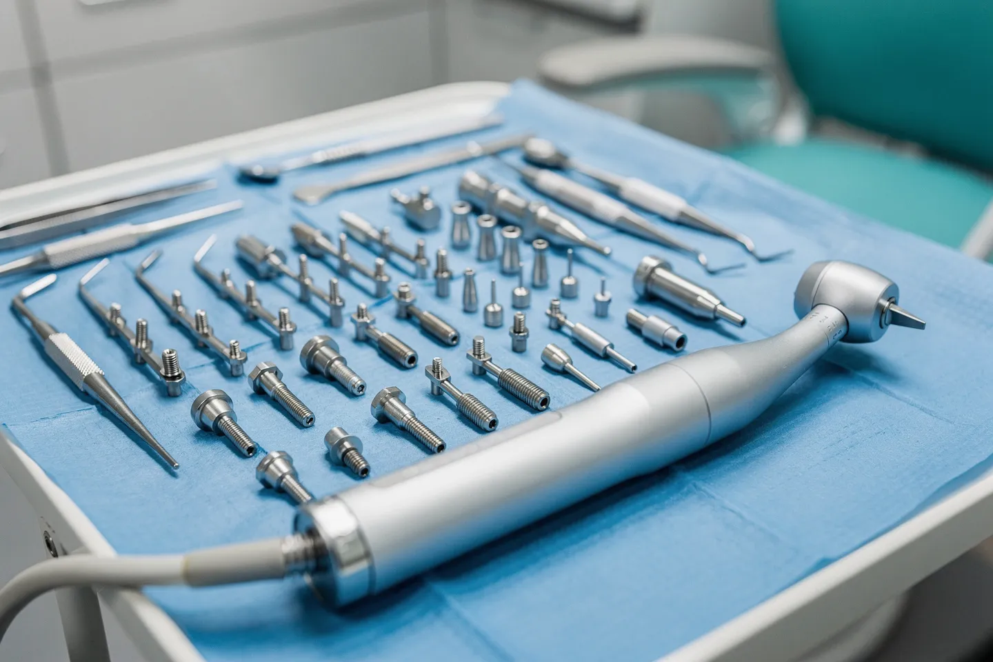 Präzise Zahnarztinstrumente auf blauem Tablett, Handstück und Implantatkomponenten im Vordergrund