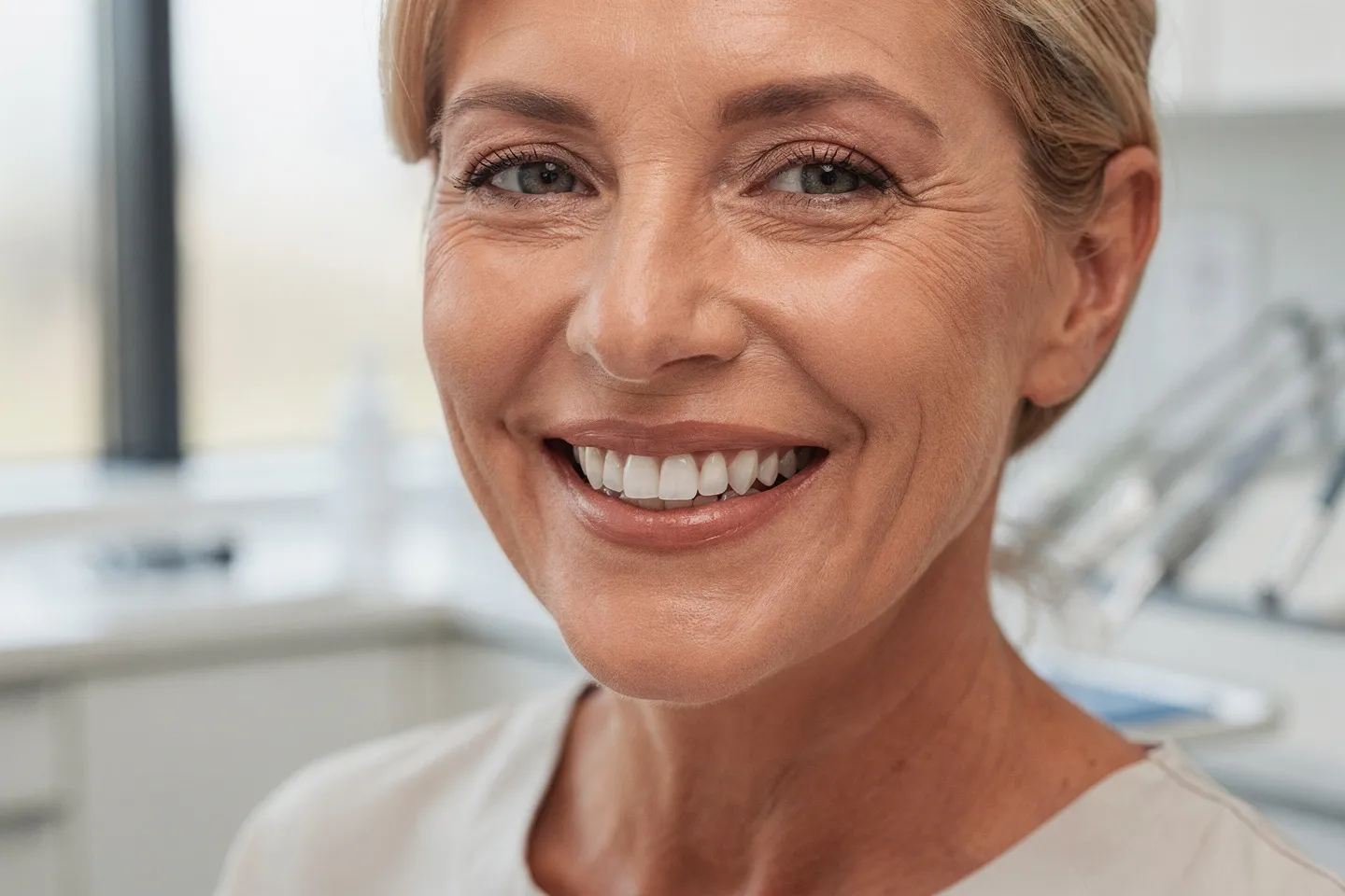 Ein mittelalter Patient mit perfektem Lächeln und weißen Zähnen in einer hellen Zahnarztpraxis