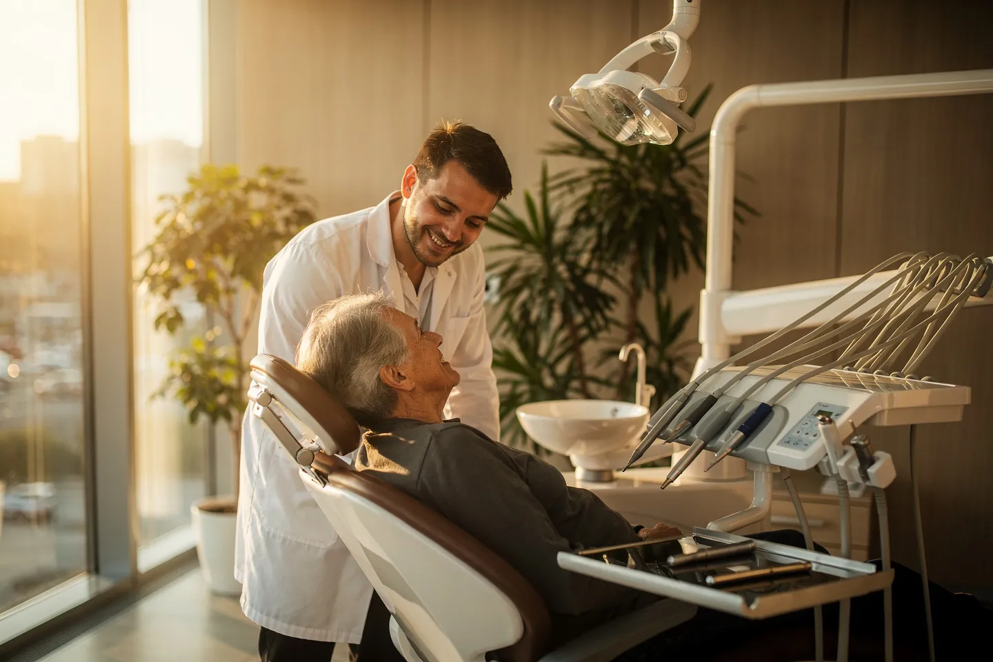 Ein freundlicher Zahnarzt berät einen älteren Patienten in einem sonnendurchfluteten Behandlungszimmer