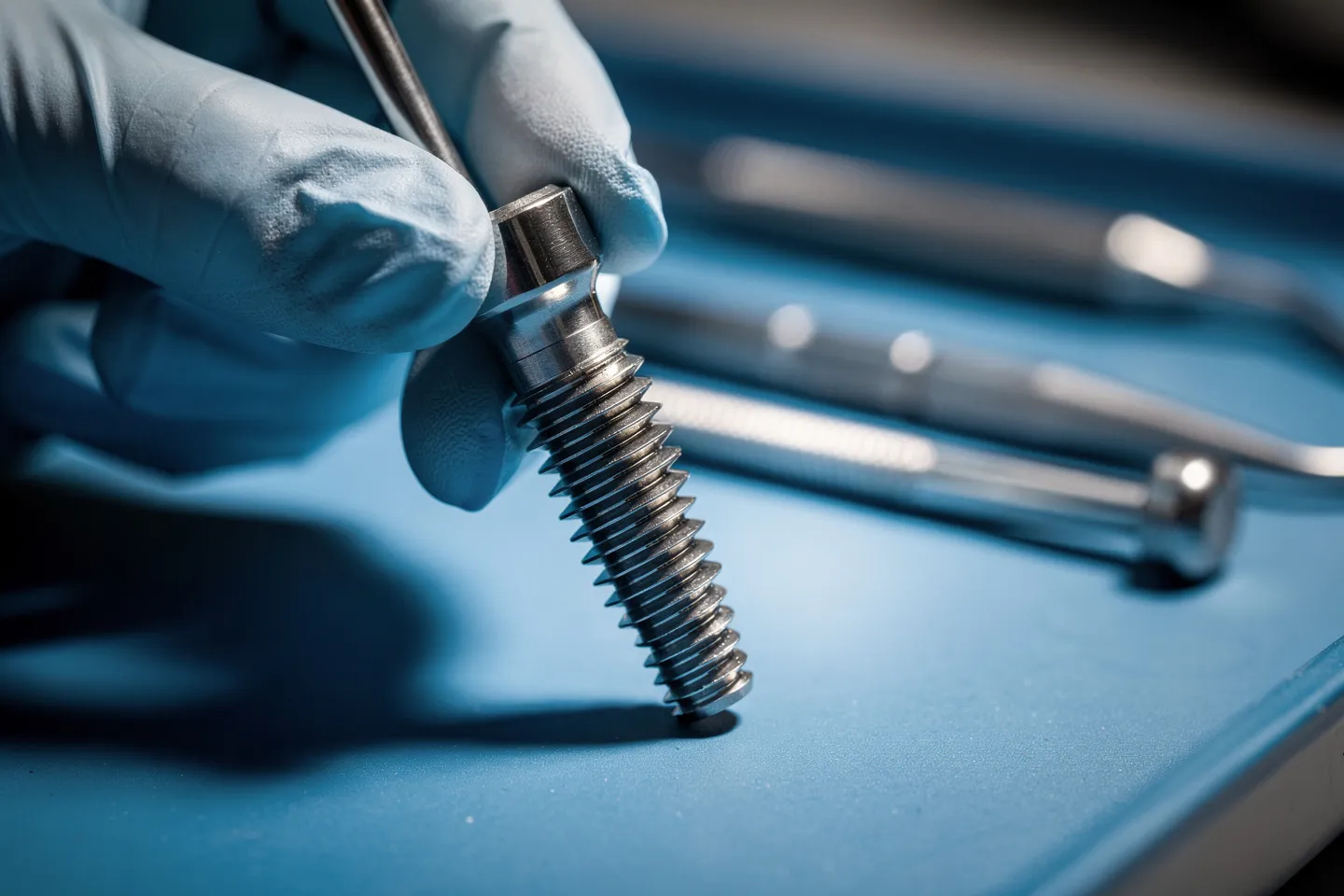 Eine behandschuhte Hand hält ein Titan-Implantat über einem sterilen blauen Tablett