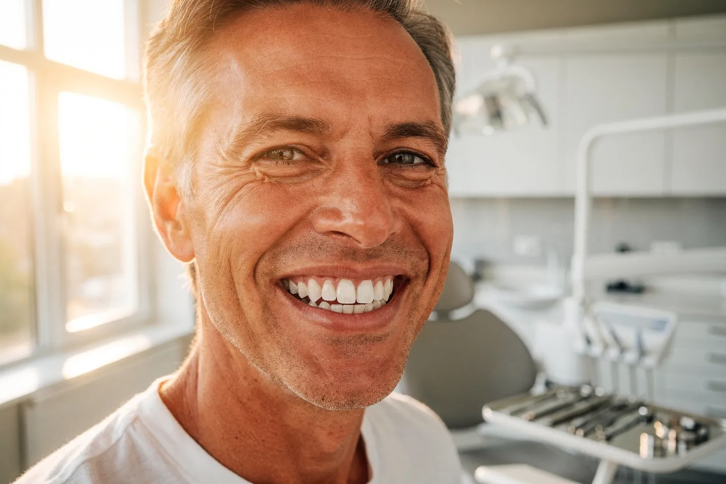 Ein lächelnder Patient mittleren Alters zeigt perfekte weiße Zähne in einer modernen Zahnarztpraxis