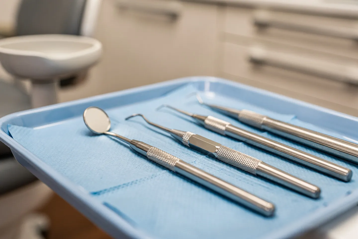 Präzise angeordnete zahnärztliche Instrumente auf einem sterilen blauen Tablett