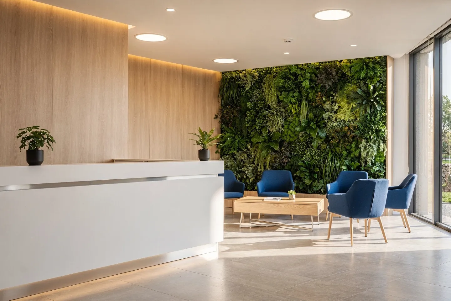 Modernes Zahnarzt-Wartezimmer mit Holzoptik, blauen Sesseln und einer lebendigen grünen Wand