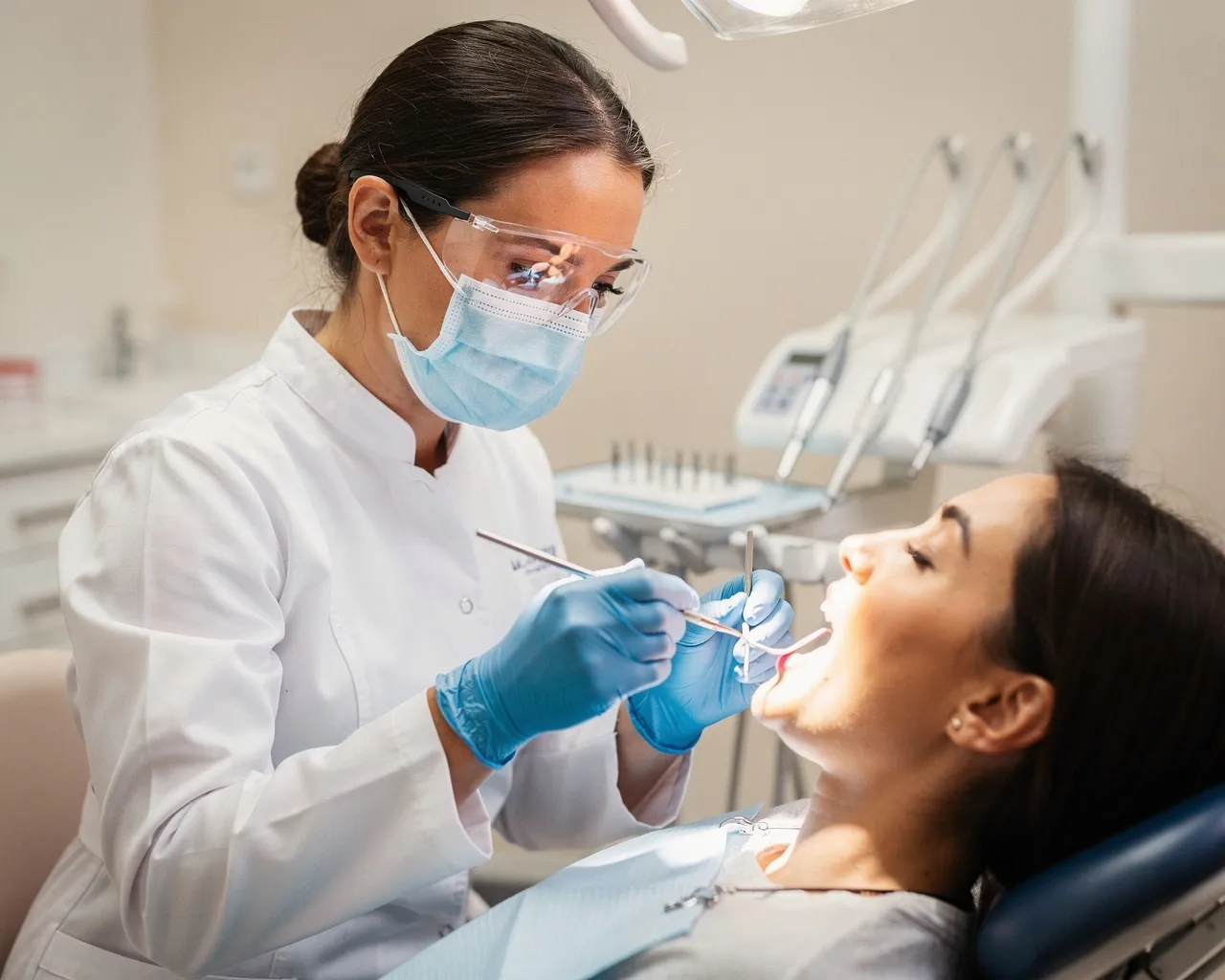Eine Zahnärztin untersucht sorgfältig die Zähne eines Patienten in einer modernen Praxis