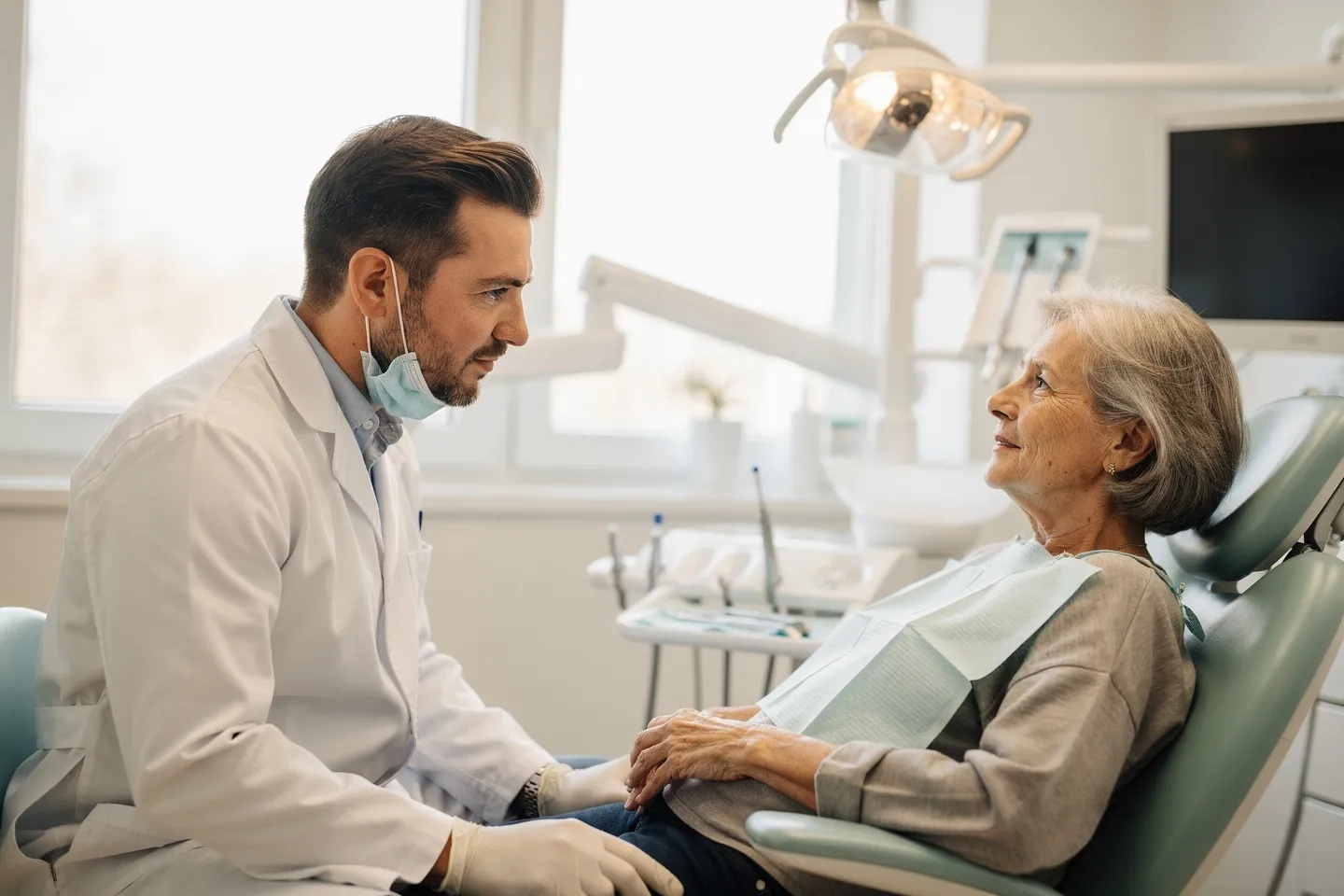 Ein freundlicher Zahnarzt berät eine ältere Patientin im modernen Behandlungszimmer