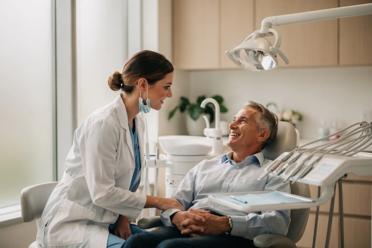 Eine freundliche Zahnärztin berät einen Patienten in einem modernen Zahnarztbüro
