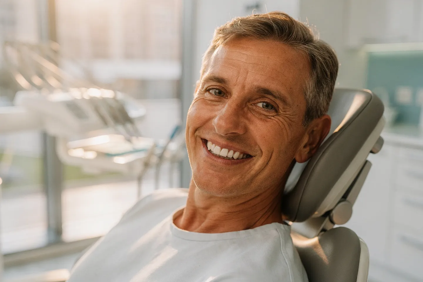 Ein zufriedener Patient mit perfekten Zähnen lächelt im Zahnarztstuhl bei Tageslicht