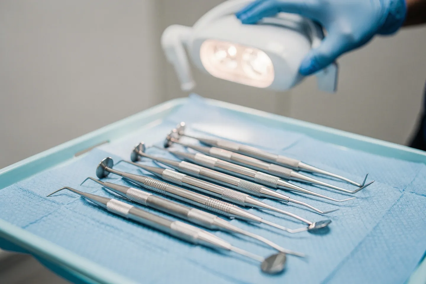 Präzise Zahnarztinstrumente liegen auf einem sterilen blauen Tablett, eine behandschuhte Hand im Hintergrund