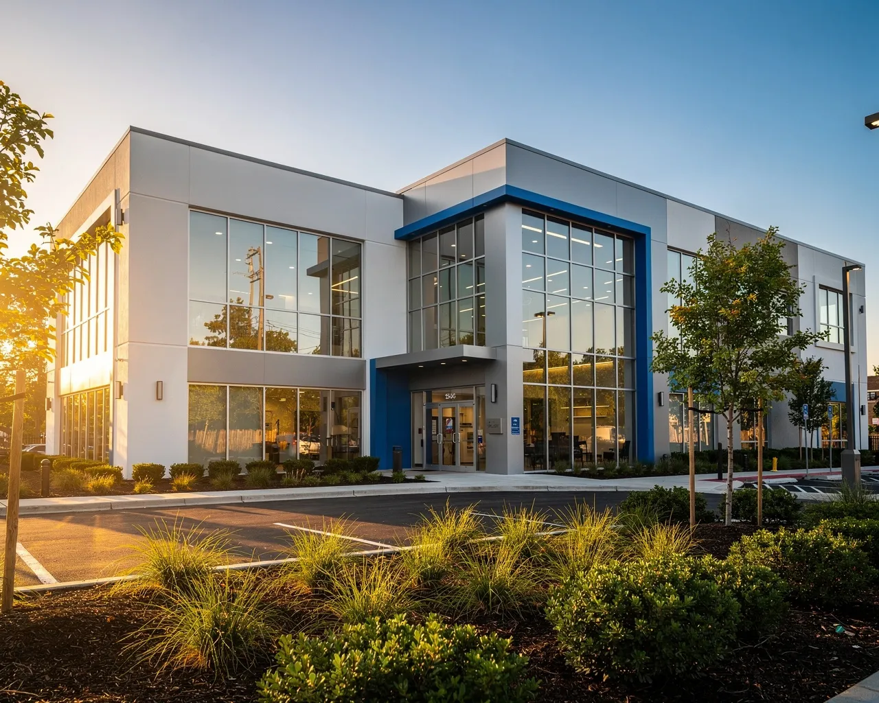 Moderne Zahnklinik mit Glasfassade und blauen Akzenten in zeitgenössischer Architektur