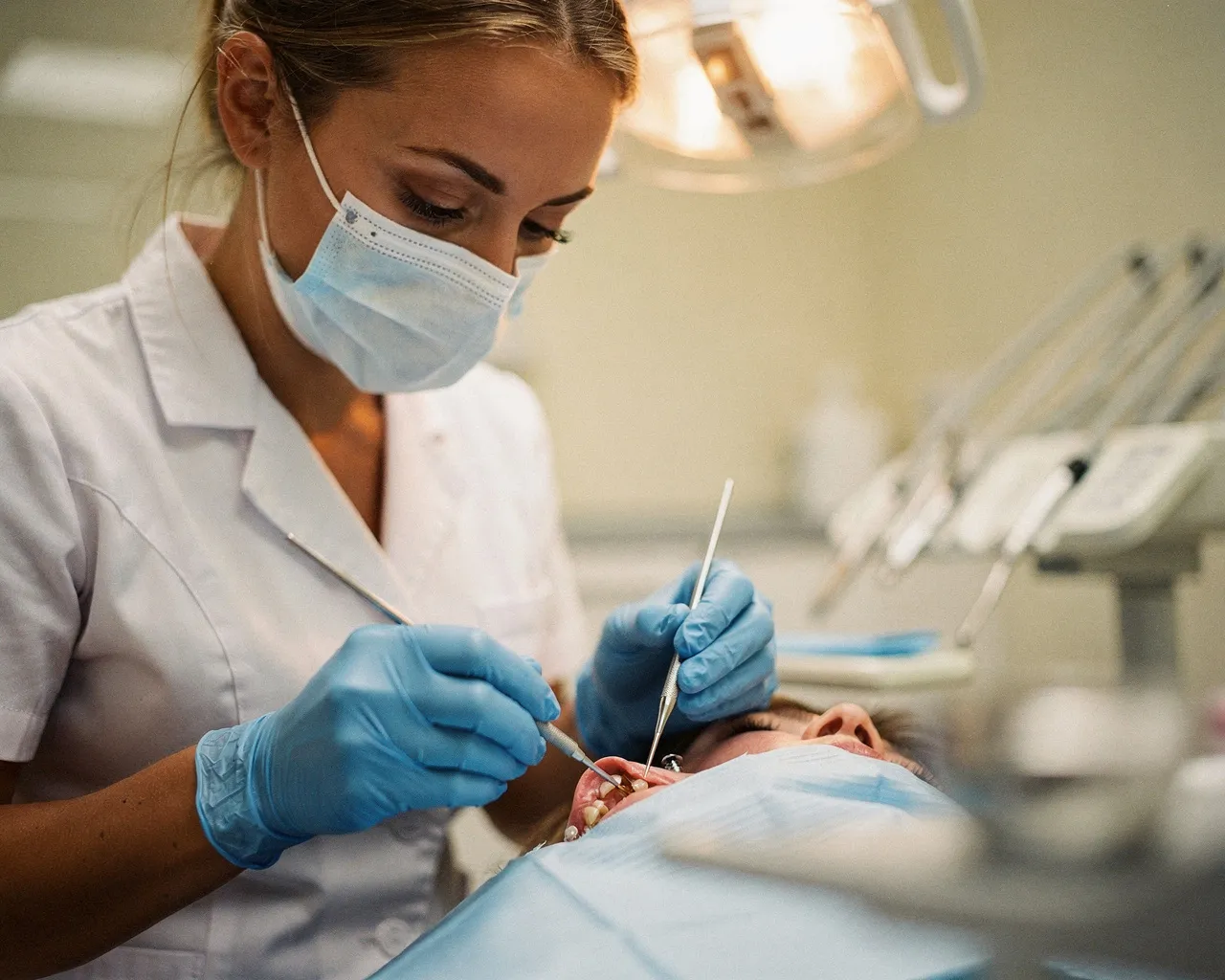 Eine Zahnärztin mit Schutzmaske setzt präzise ein Zahnimplantat ein
