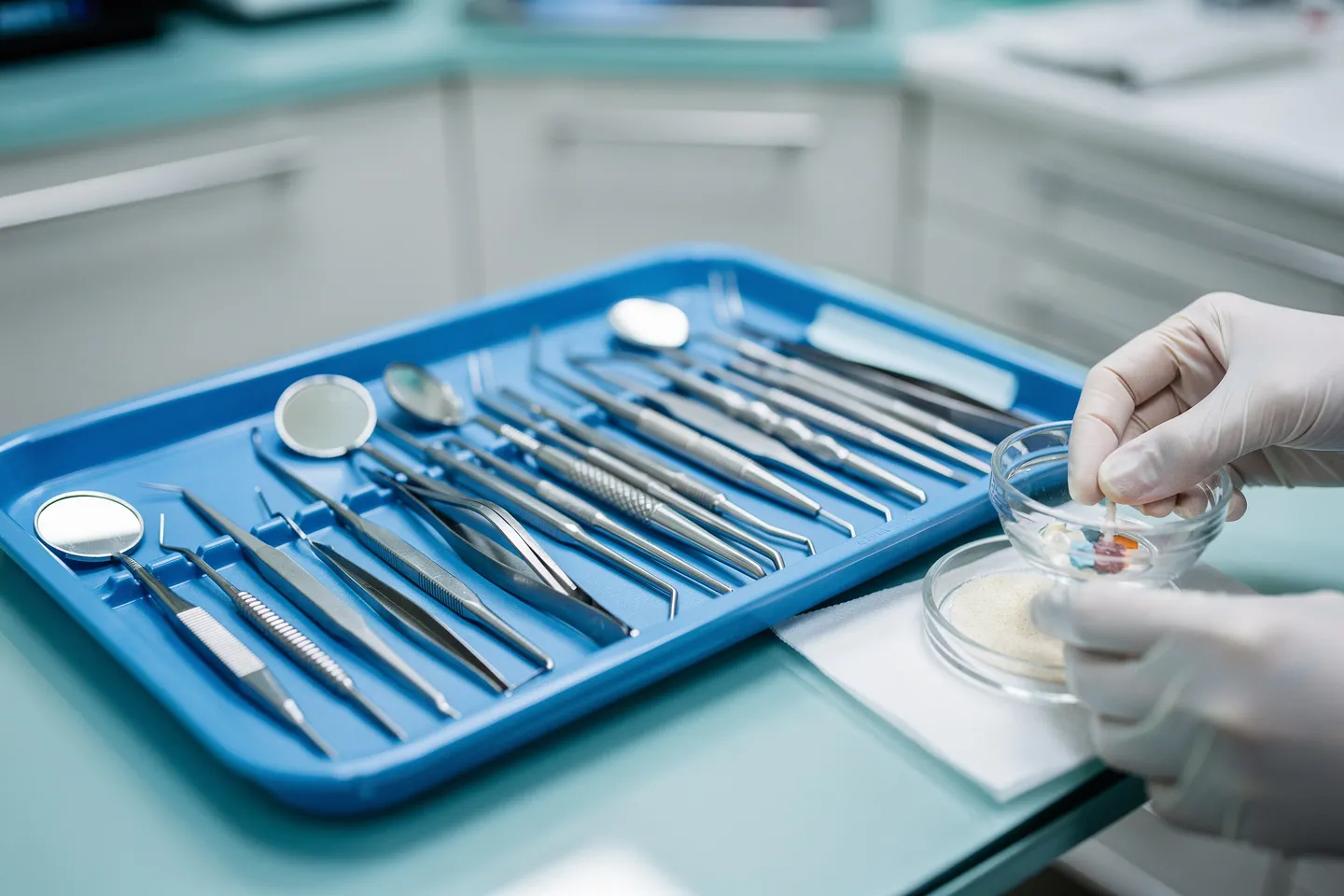 Sterile Zahnarztinstrumente auf blauem Tablett mit behandschuhten Händen im Vordergrund