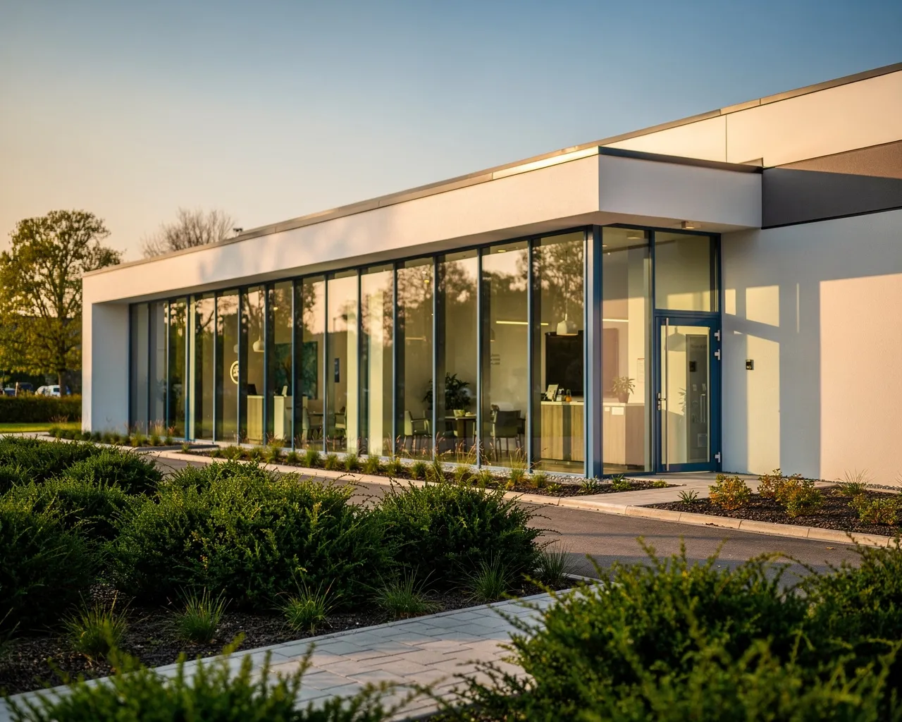 Moderne Zahnklinik mit sauberen architektonischen Linien und großen Glasfenstern, umgeben von gepflegten Sträuchern