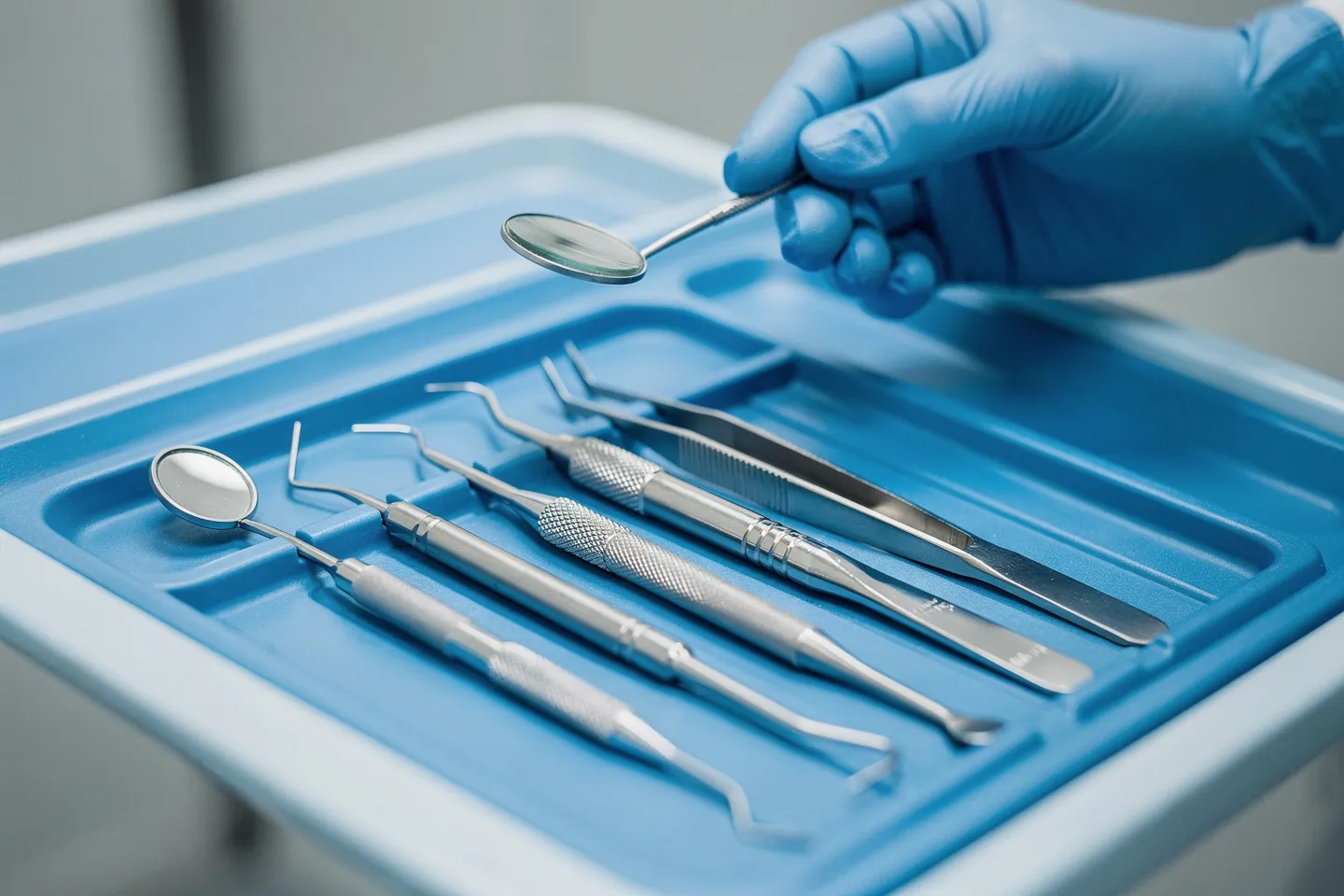 Präzise Zahnarztinstrumente auf blauem Tablett mit Handspiegel im Hintergrund