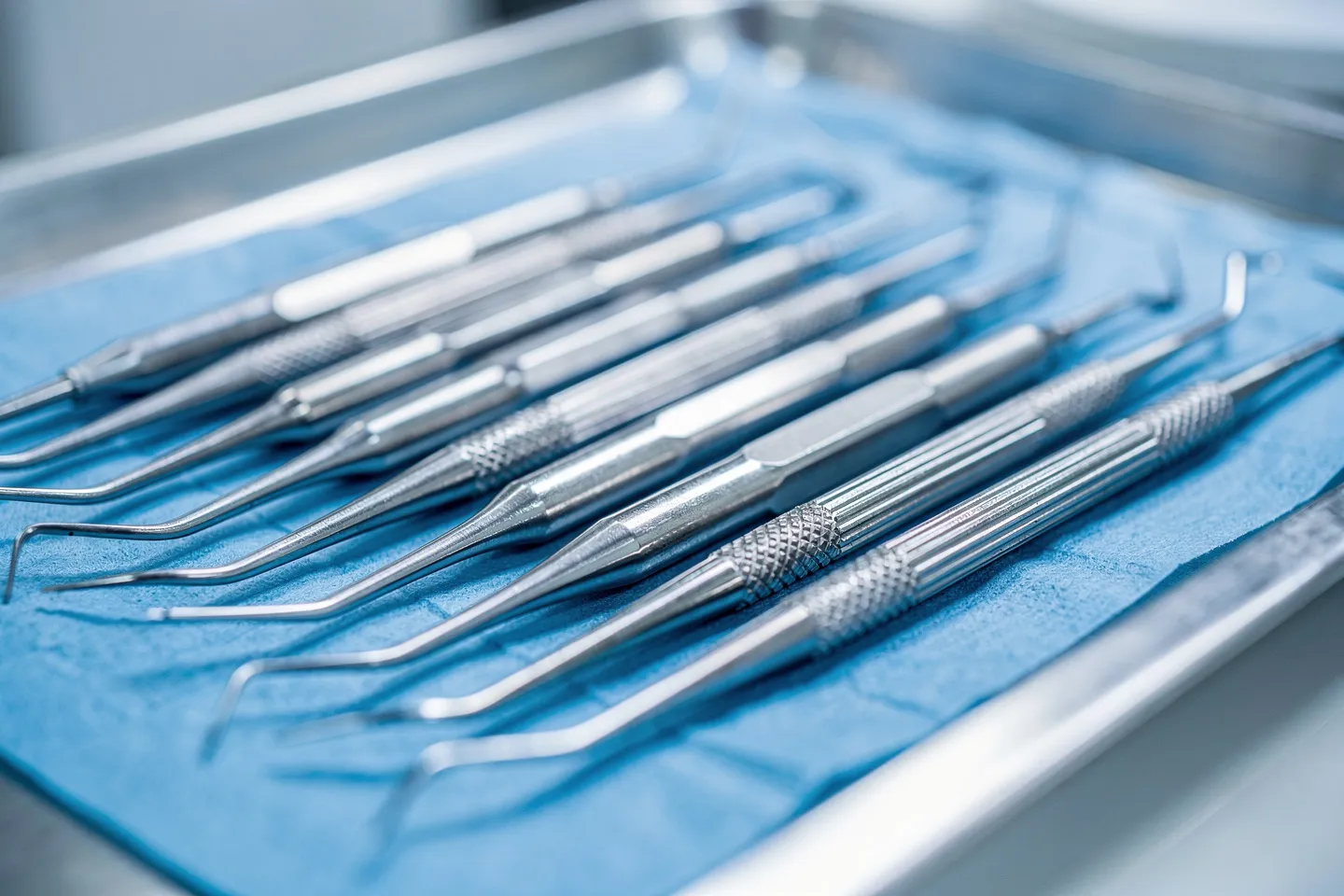 Präzise Zahninstrumente auf blauem sterilen Tablett in klinischer Umgebung