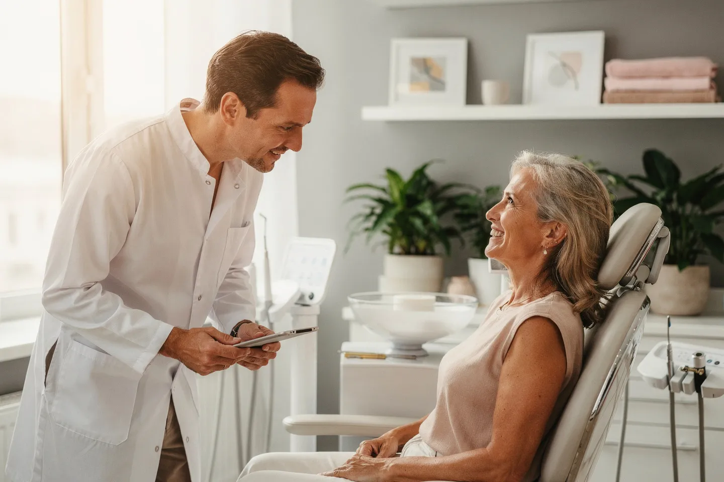 Ein freundlicher Zahnarzt berät einen lächelnden Patienten in einer modernen Zahnarztpraxis
