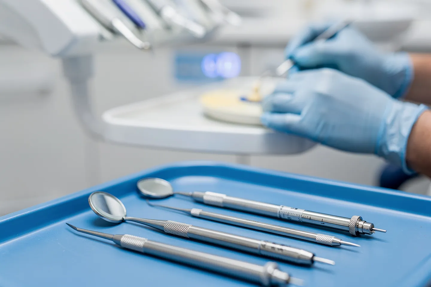 Zahnarztinstrumente liegen ordentlich auf einem blauen Tablett, während behandschuhte Hände Material vorbereiten