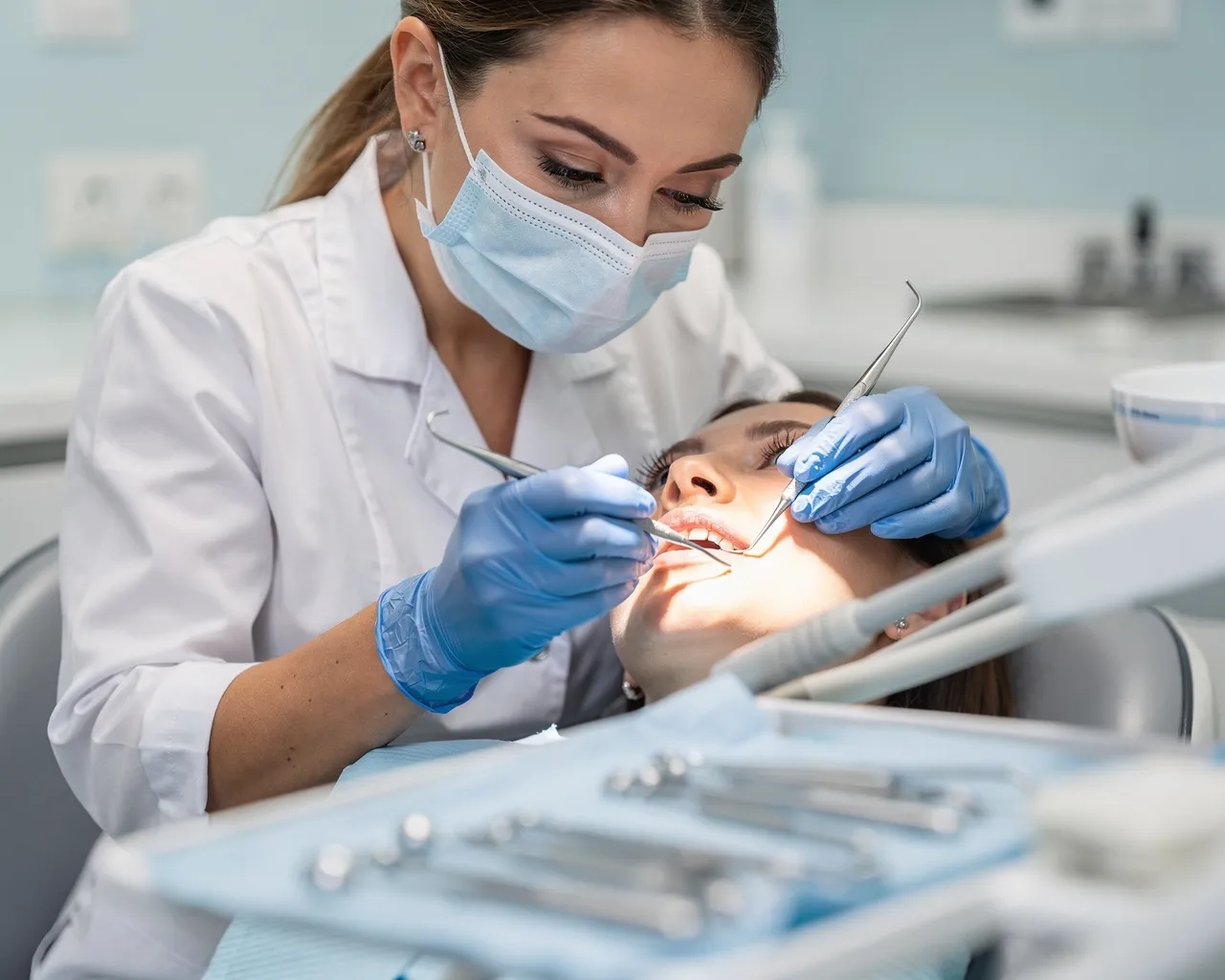 Eine Zahnärztin führt eine präzise Zahnbehandlung an einem Patienten durch