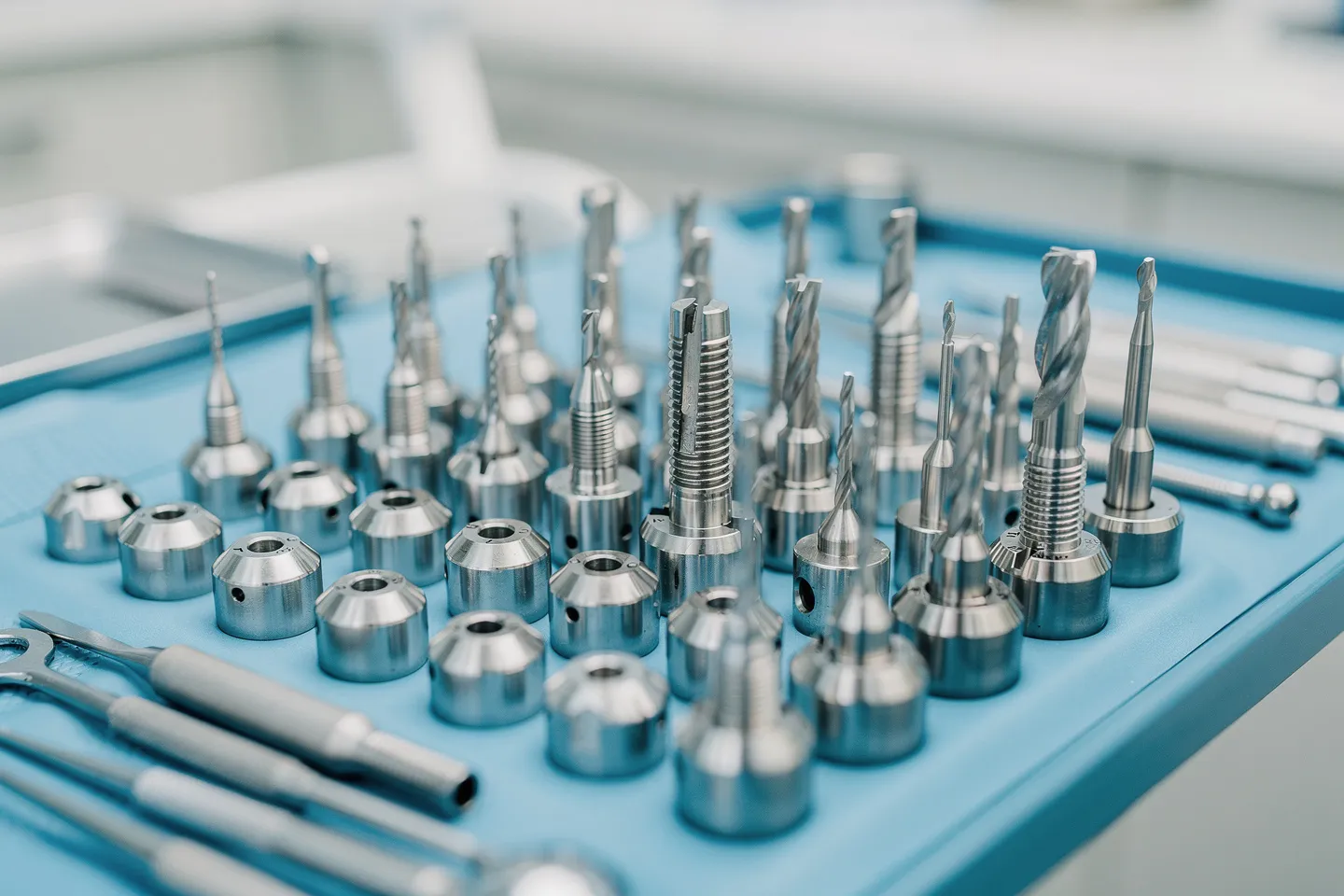 Präzisions-Zahnarztinstrumente auf blauem sterilen Tablett mit Metallreflexen