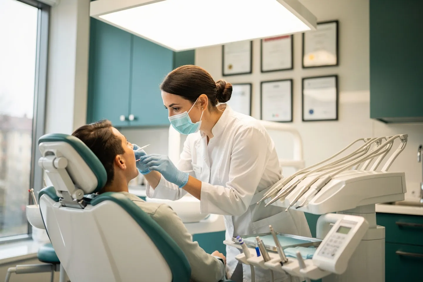 Eine Zahnärztin untersucht einen Patienten in einer modernen Zahnklinik mit blauen Schränken
