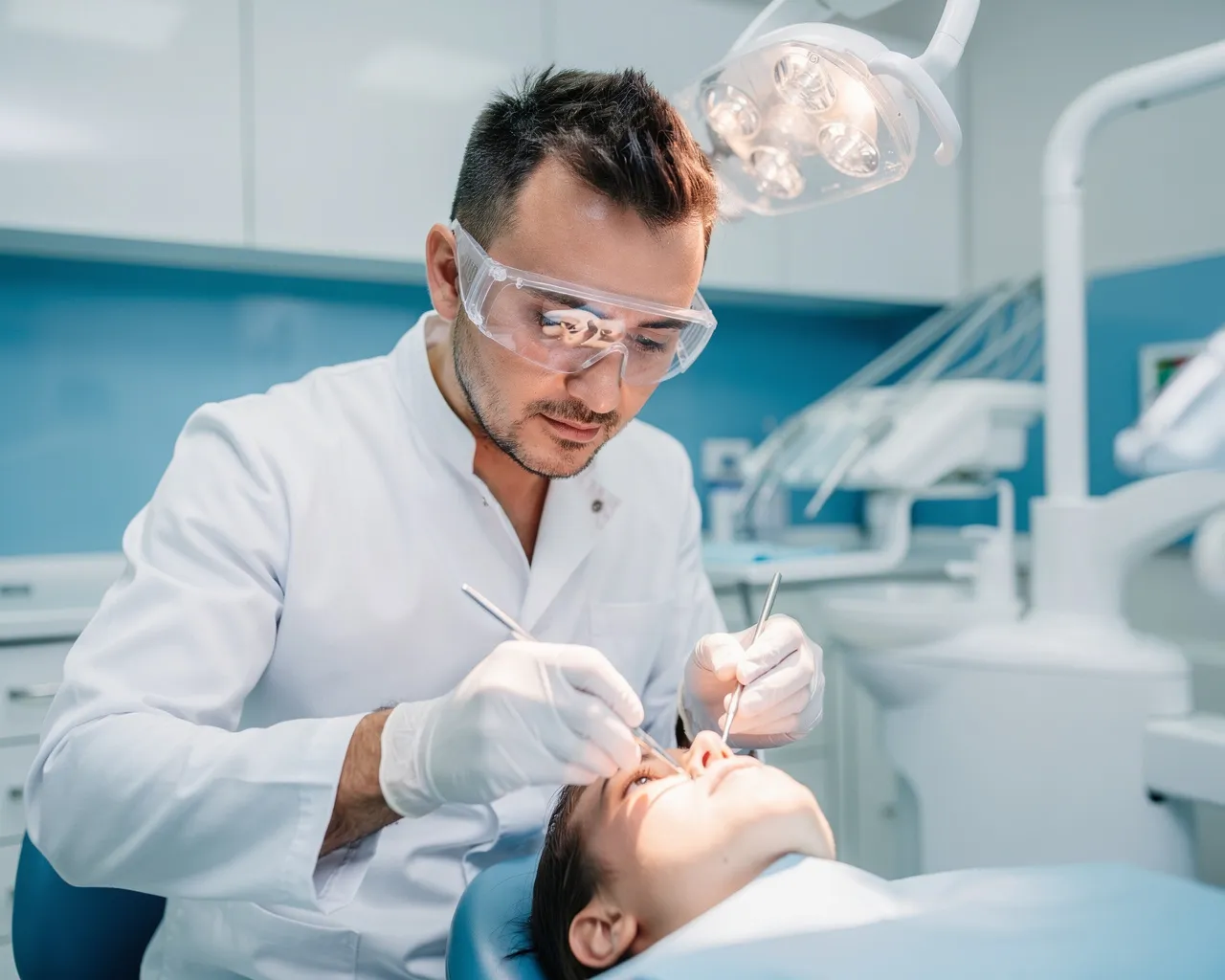 Ein Zahnarzt führt eine präzise zahnmedizinische Behandlung durch in einer modernen Klinik