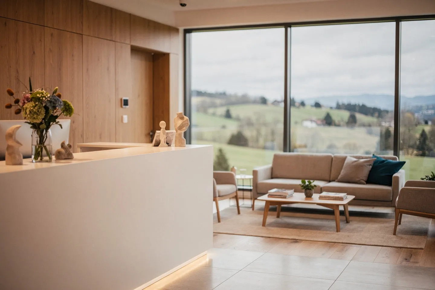 Modernes Zahnarzt-Wartezimmer mit Holzakzenten, weißem Empfangstresen und Blick auf Landschaft