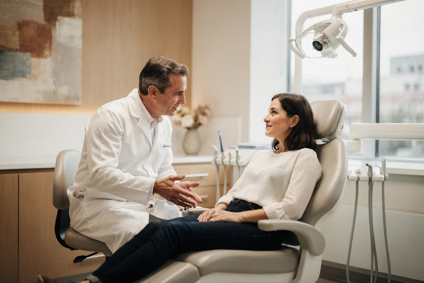 Ein freundlicher Zahnarzt erklärt einer Patientin die Behandlungsoptionen in einer modernen Praxis