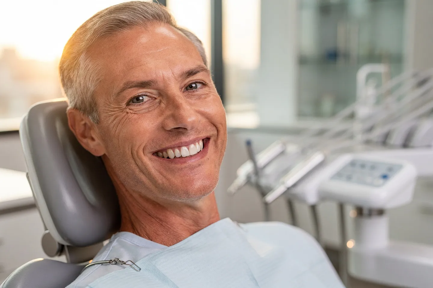 Ein zufriedener Patient mittleren Alters mit perfekten Zähnen sitzt in einem modernen Zahnarztstuhl