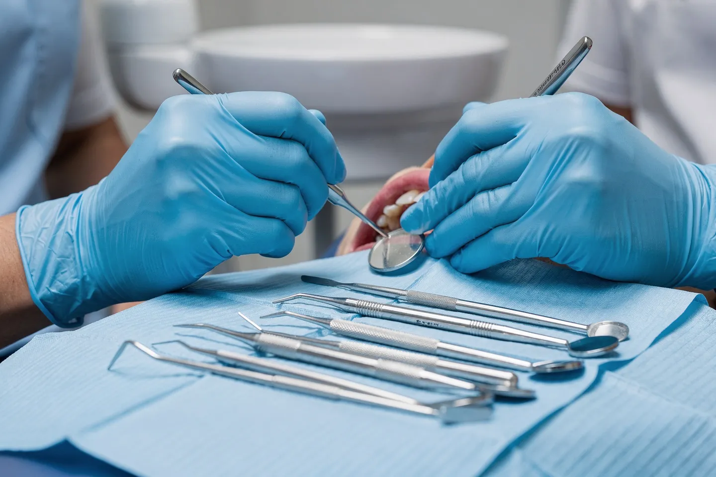 Zahnarzt mit Handschuhen führt präzise Zahnbehandlung mit modernen Instrumenten durch