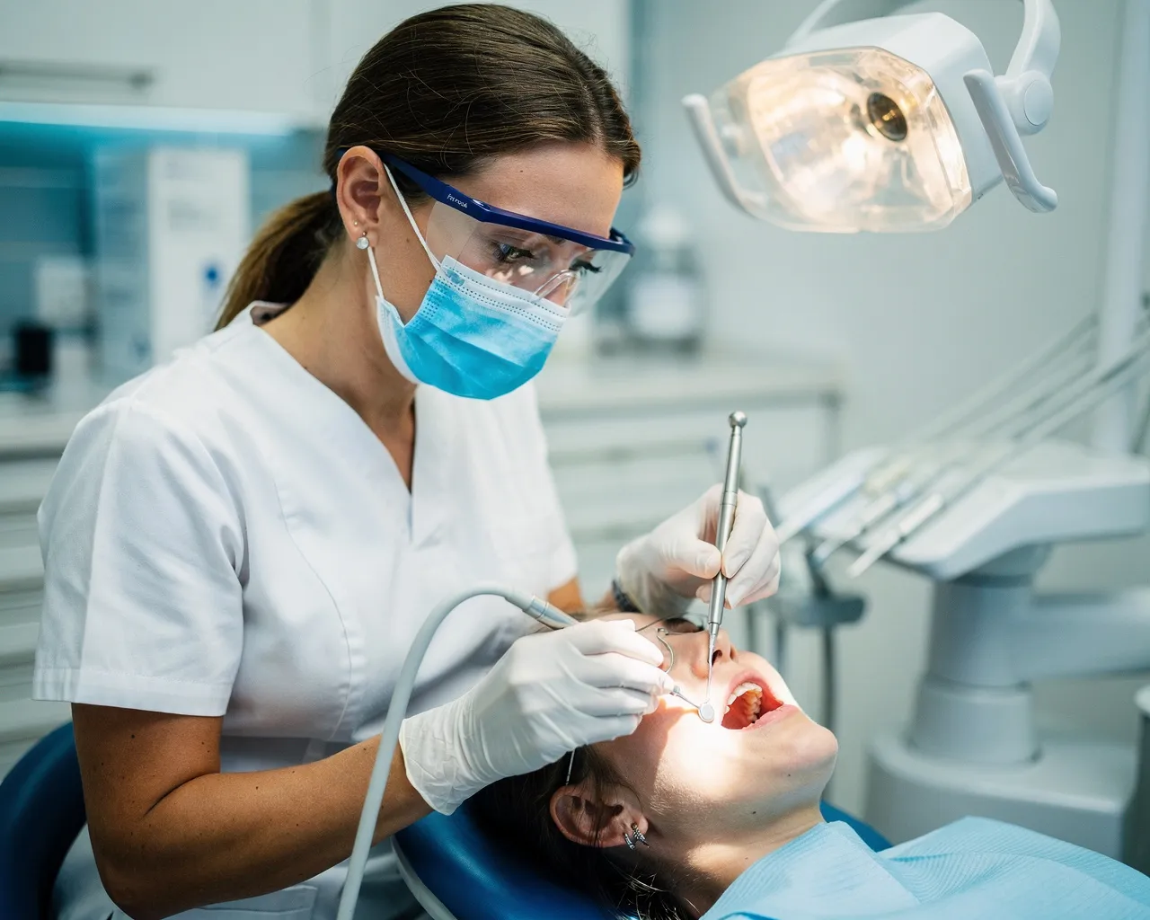 Eine Zahnärztin führt eine präzise Behandlung an einem Patienten im modernen Behandlungsstuhl durch