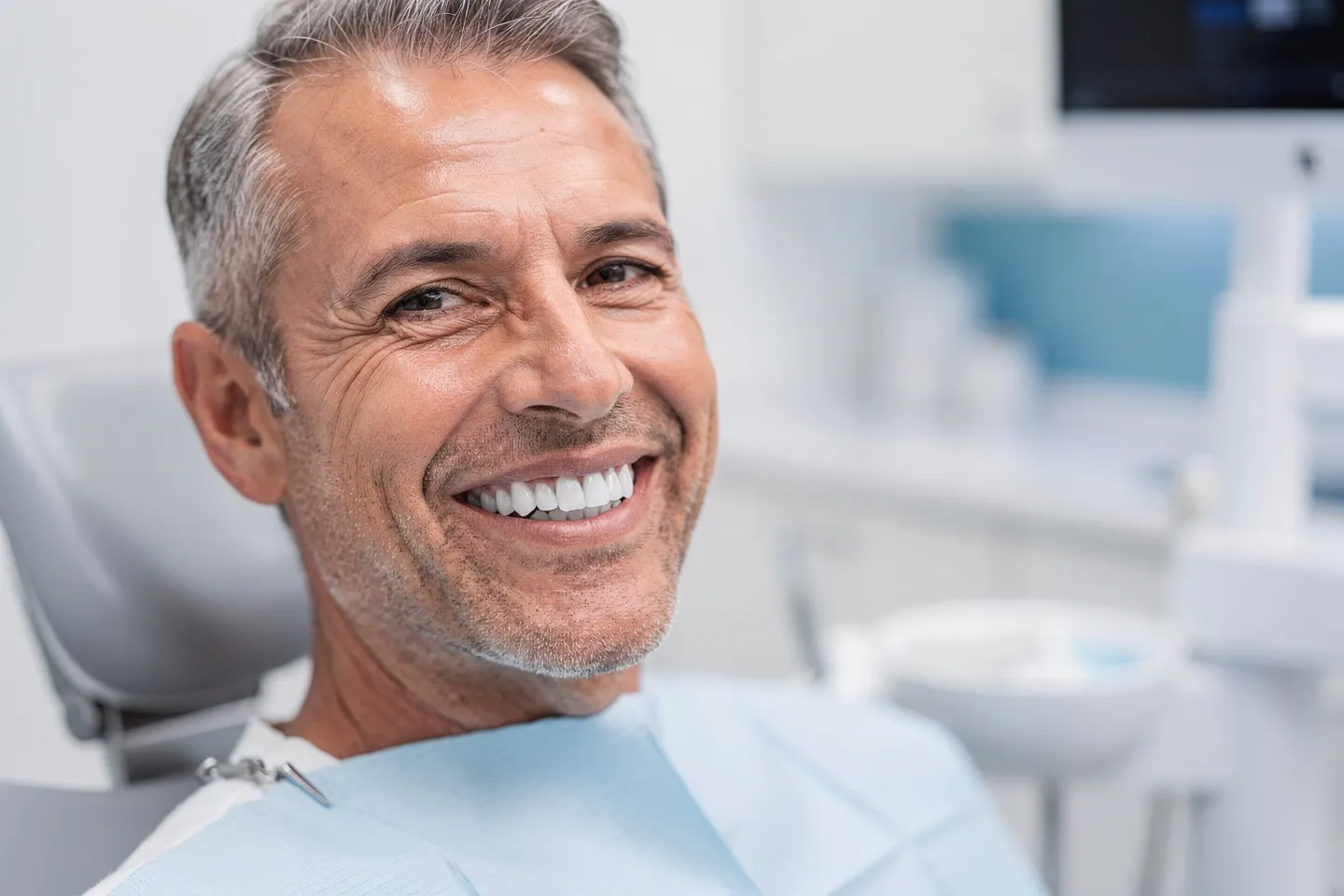 Ein mittelalter Patient mit perfektem Lächeln sitzt auf einem modernen Zahnarztstuhl