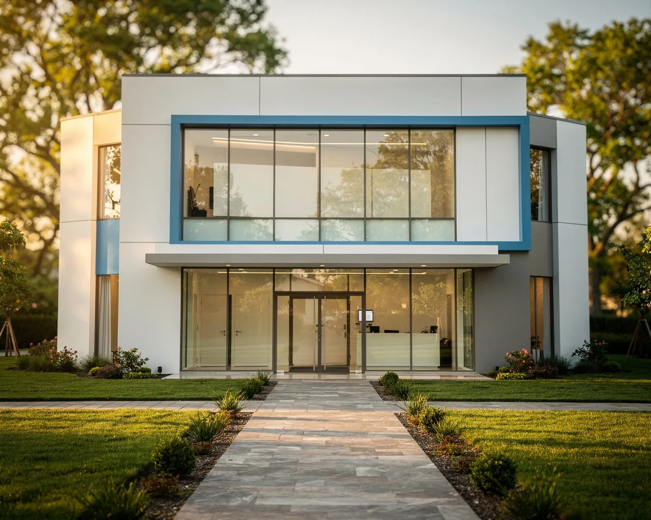 Moderne Zahnklinik mit sauberen architektonischen Linien und großen Glasfenstern