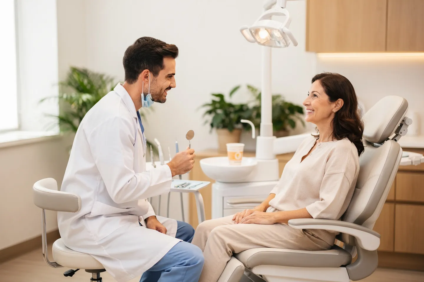 Ein freundlicher Zahnarzt in weißem Kittel berät einen lächelnden Patienten in einer modernen Praxis