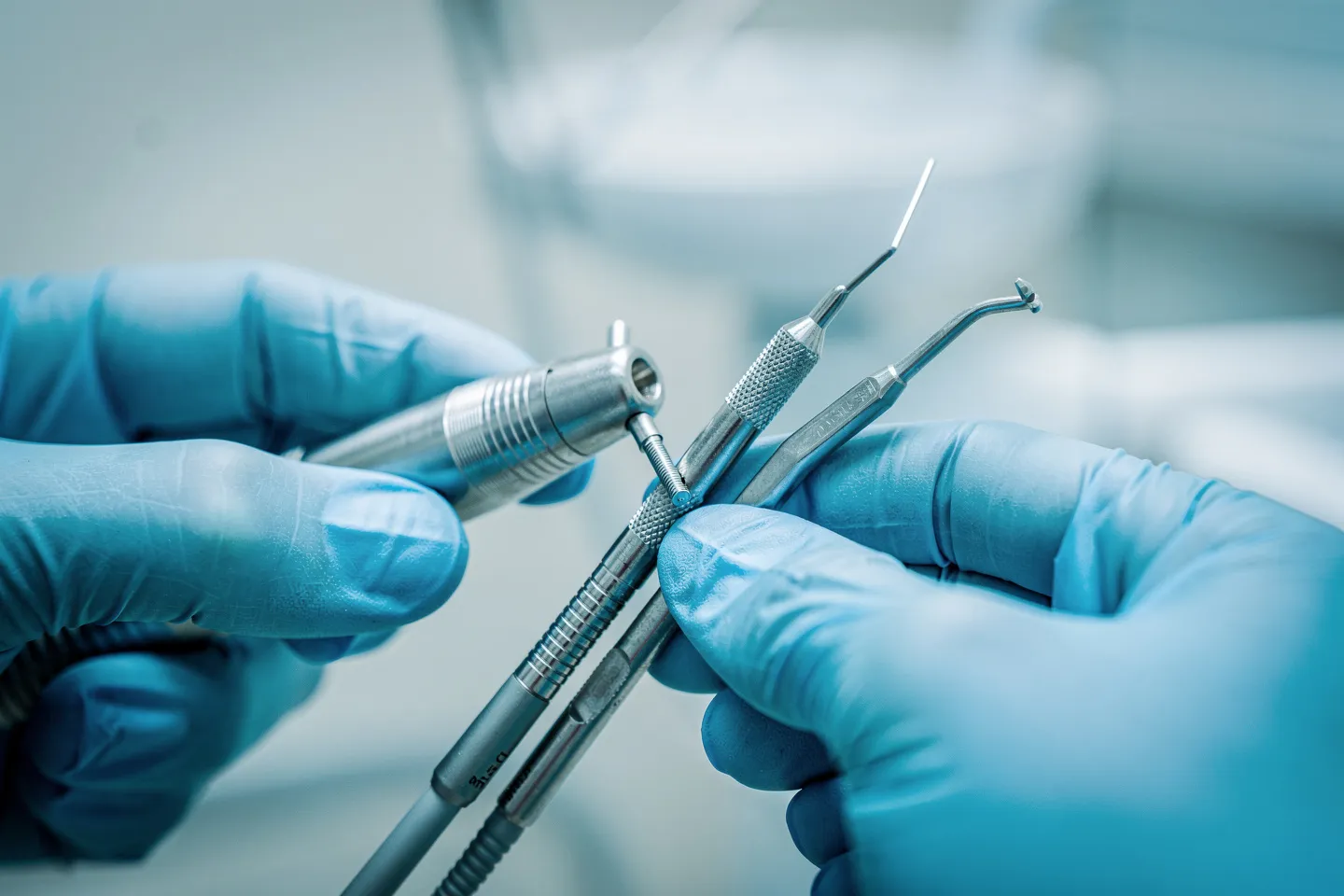 Eine Zahnärztin justiert mit behandschuhten Händen eine Implantatbohrer in einer sterilen Umgebung