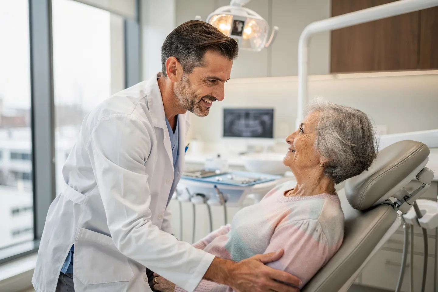 Ein freundlicher Zahnarzt berät einen älteren Patienten im modernen Behandlungszimmer